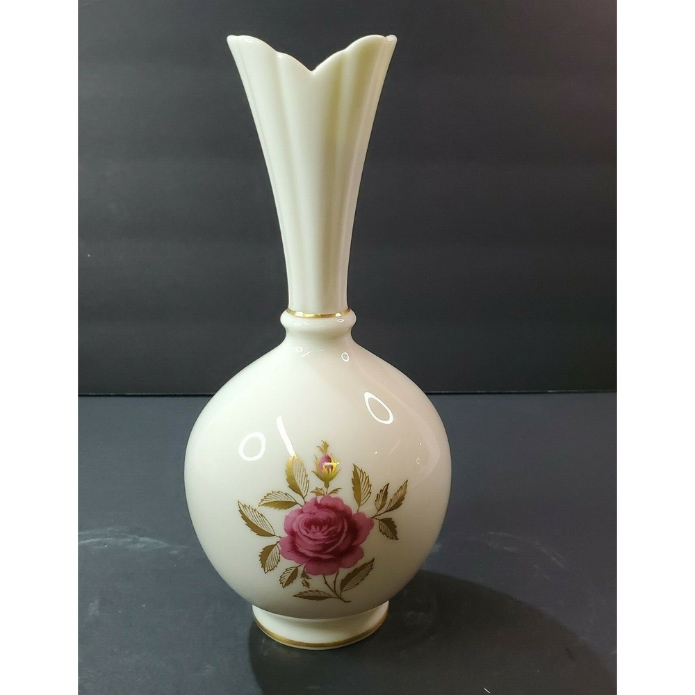 Vintage LENOX Bud Vase RHODORA Pattern Cream w/ Rose & Gold Trim 8"